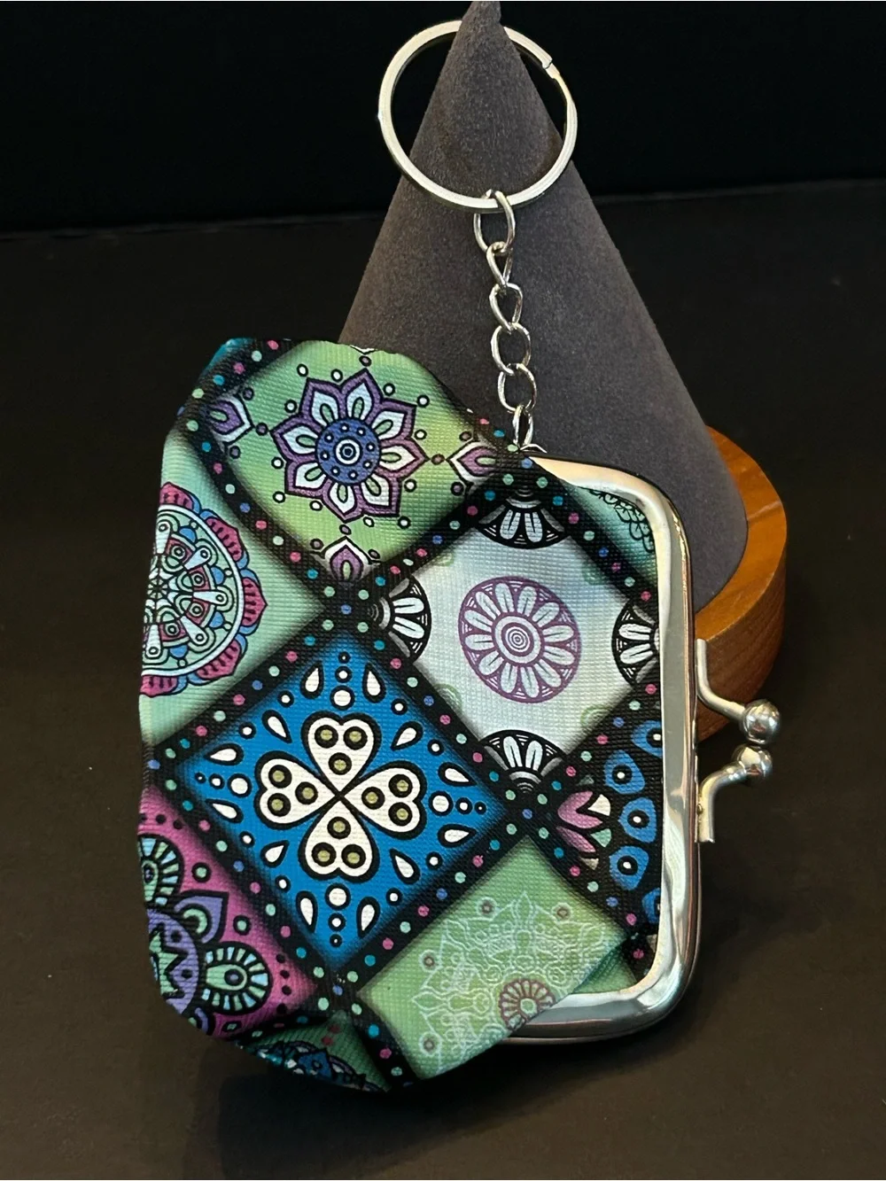 Assorted Multicolor Mosaic Kiss-Lock Coin Purse Keychain Vibrant Patchwork Print